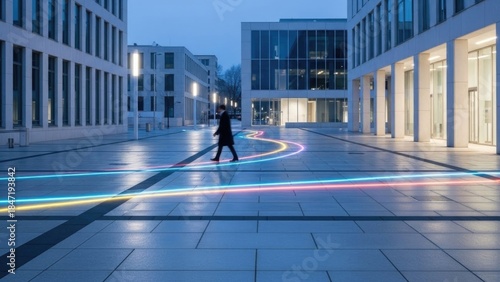Person walking on futuristic neon path in modern urban setting at dusk