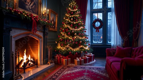 Wallpaper Mural Luxurious Christmas living room featuring a glowing tree and crackling fireplace beside a red velvet sofa and snowy window in a cinematic seamless loop, ideal for festive backgrounds Torontodigital.ca