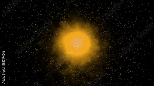 Exploding sun surface with solar flares, glowing golden particles, intense shine and energy, cinematic space background. Star explosion with solar flares and golden energy particles.