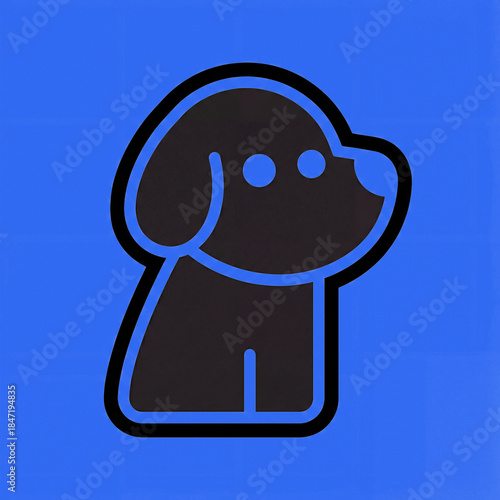 Graphic of a dog with black outline and simple features in color: cerulean bright