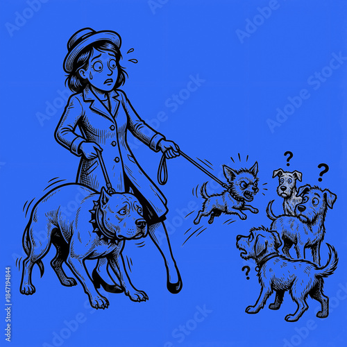 Woman walks dogs while one dog runs away in color: cerulean bright