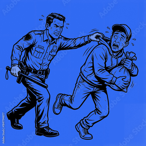 Police officer chases thief in busy city street in color: cerulean bright