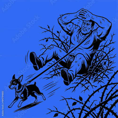 Man struggles with dog while getting pulled through bushes in color: cerulean bright