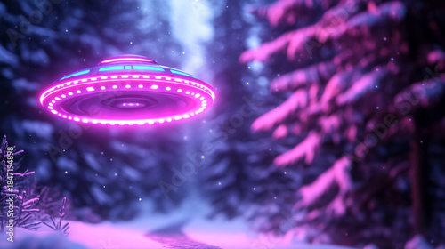 Futuristic holographic spaceship with magenta and blue lights in snowy forest landscape