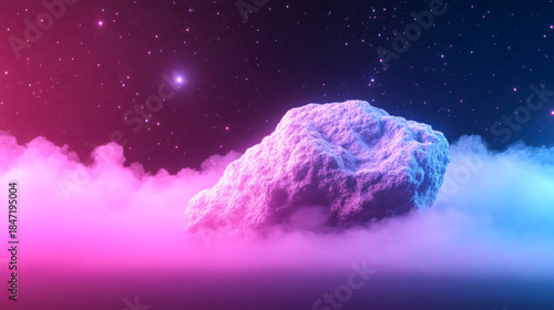 Cosmic journey through glowing cyan asteroid belt in mystical space