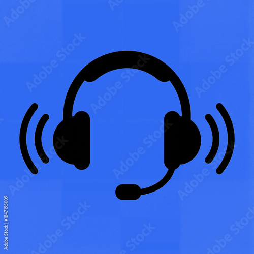 A black icon of a headset with sound waves around it in color: cerulean bright