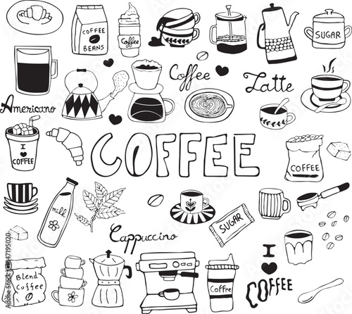 set of hand drawn coffee themed doodles and illustrations, including cups, beans, a coffee machine, and various popular hot drinks like espresso, latte, and cappuccino. perfect for menus, posters.