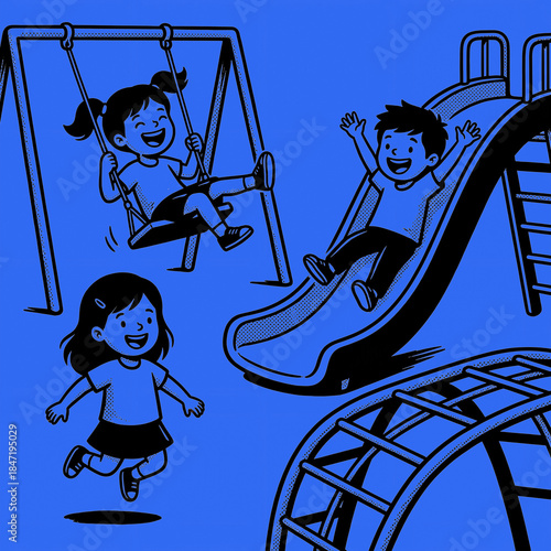 Children play on swings and slide in a playground in color: cerulean bright