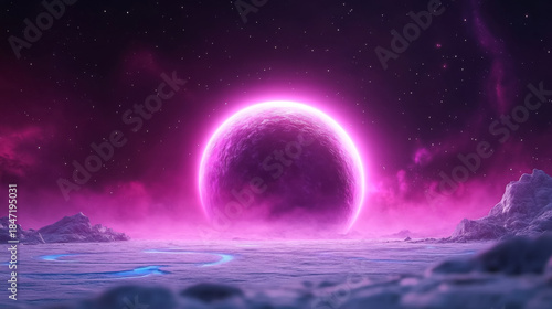 Futuristic purple ice planet with cyan circuit patterns