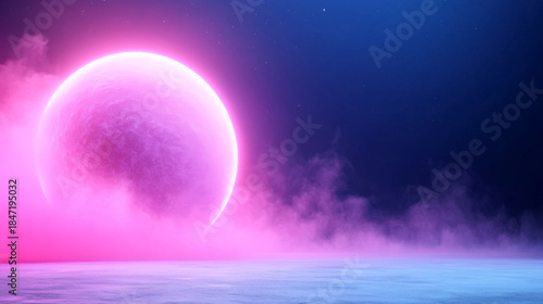 Futuristic purple ice planet with cyan racing circuits in the cosmos