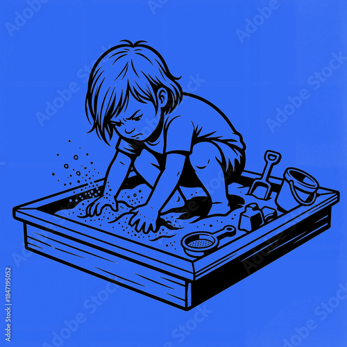 Child plays in sandbox with toys during daylight hours in color: cerulean bright