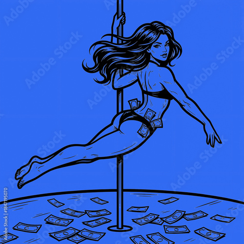 Dancer performs on pole with money on the floor in color: cerulean bright