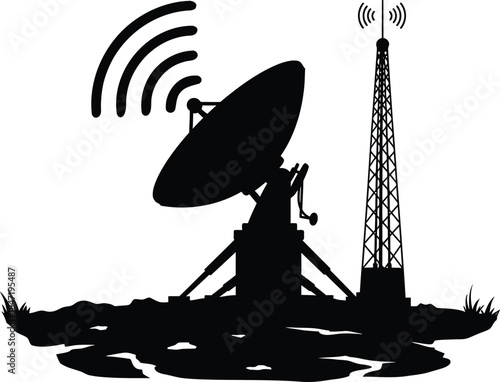 Satellite Dish & Radio Tower Silhouette for Wireless Communication Technology