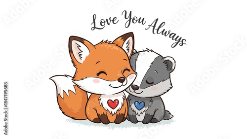 Adorable cartoon fox and badger couple cuddling with "Love You Always" text for Valentine's Day.