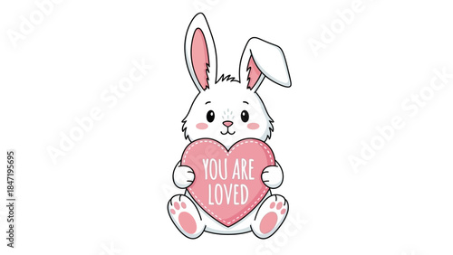 Adorable white bunny rabbit holding pink heart with "You Are Loved" text for Valentine's Day.
