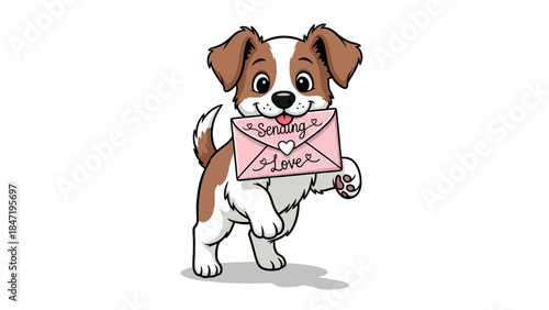 Happy puppy dog carrying pink "Sending Love" envelope in mouth for Valentine's Day delivery.
