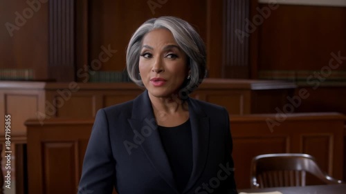 Elegant professional woman giving speech in a courtroom setting, delivering her argument with conviction. The woman dressed in formal attire Stock Video