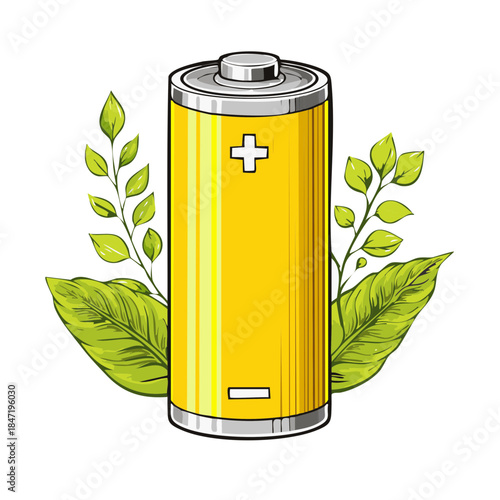 Stylized yellow battery with plus and minus signs surrounded by green leaves representing sustainable energy