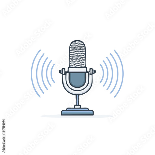 Vintage microphone with sound waves Broadcasting audio communication equipment Podcast recording for entertainment