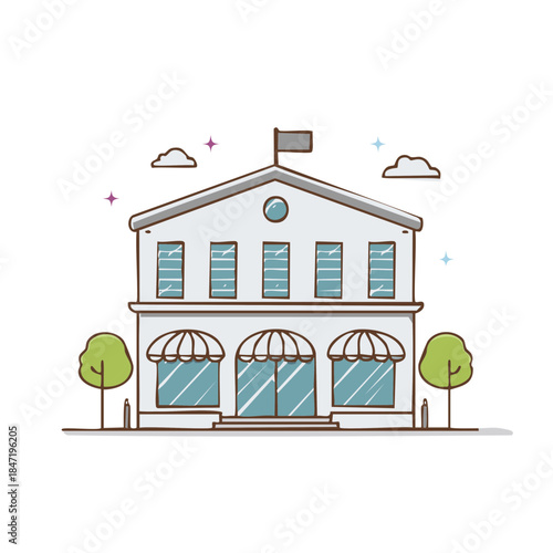 Stylized building facade with multiple windows, awninged storefront, a flag and adjacent trees illustration