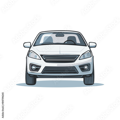 Front View of a Compact White Car Isolated on White Background. Automobile Vehicle Illustration