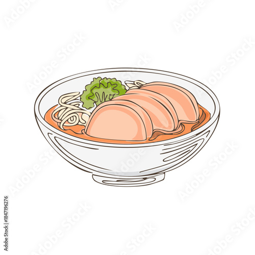 Sketch of Chicken Noodle Soup in a Bowl with Slices of Chicken