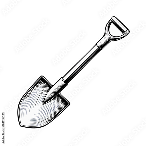 Single Shovel Tool Illustration Detailed Hatchwork Black and White Metal Farming Implement Digging Gardening Ground Working