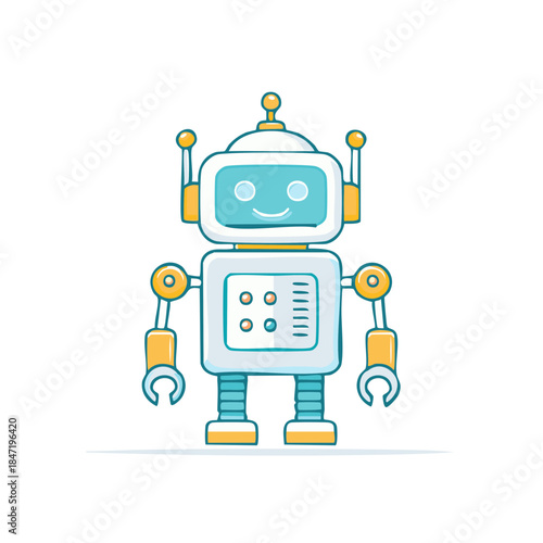 Friendly Smiling Robot Character Cartoon Illustration with Antennae and Robotic Limbs on White