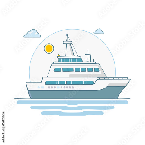 Stylized cruise ship floating on water under the sun and clouds, a serene nautical scene with modern design elements.