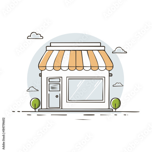 Minimalist store front illustration featuring a striped awning and small trees, perfect for small business promotion or graphic design projects