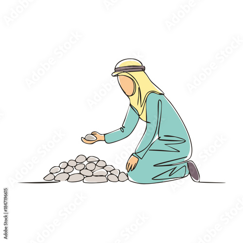 Muslim Woman Throwing Pebbles in Mina for Hajj Pilgrimage Ritual One Line Drawing, Islamic Religious Holiday Outline