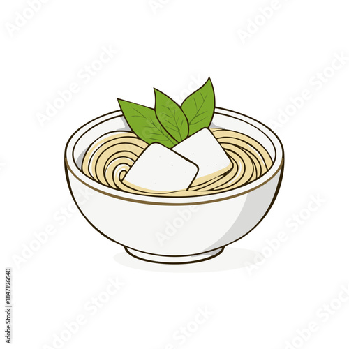 Bowl of Noodles with Tofu and Herbs: Asian Cuisine Illustration for Menu Design and Recipe Graphics
