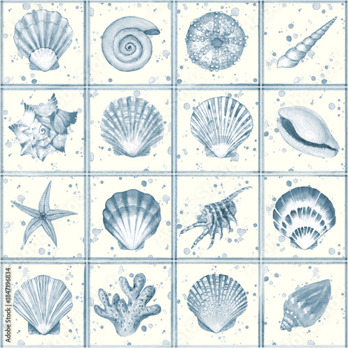 Foto Watercolor sea shell traditional delft tiles seamless pattern