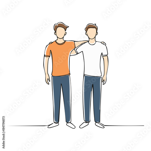 Two young men standing together arm in arm in simple line drawing illustration style