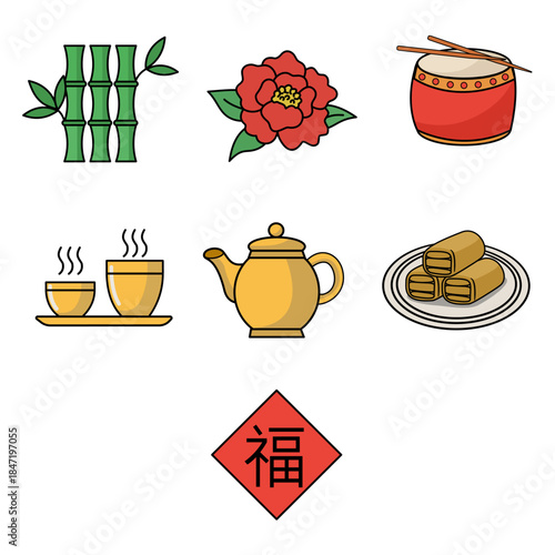 collection of Chinese New Year icons set. Includes bamboo, peony, drum, teapot, pastry rolls, lanterns, red diamond 福, other festive elements that convey luck, family, celebrate and tradition