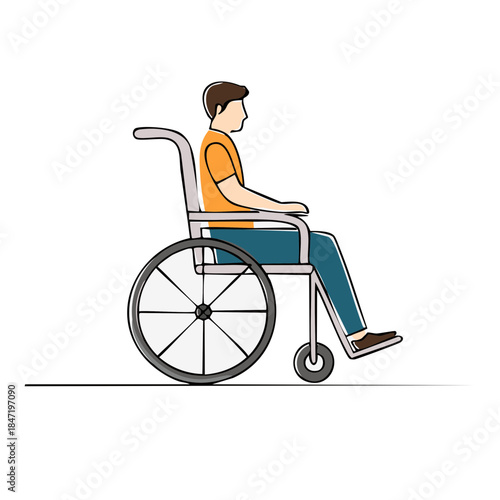 Person in wheelchair side view. Medical design illustration with disability aids and equipment