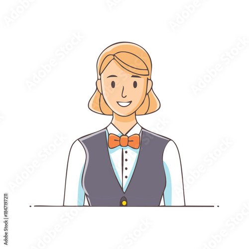 Smiling Woman with Bowtie Line Art Illustration, Confident and Professional