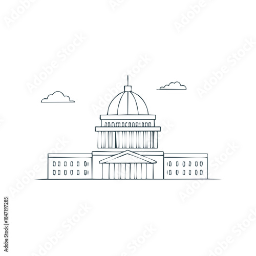 Sketch of a government building with a dome, illustrated in monochrome lines with clouds