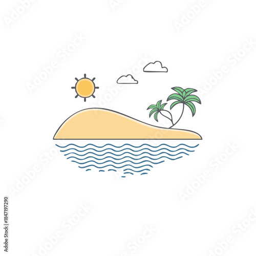 Deserted Island Paradise with Palm Trees, Waves, and Sun Minimalist Design