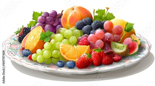 Fresh fruit platter with grapes berries citrus fruits and greenery
