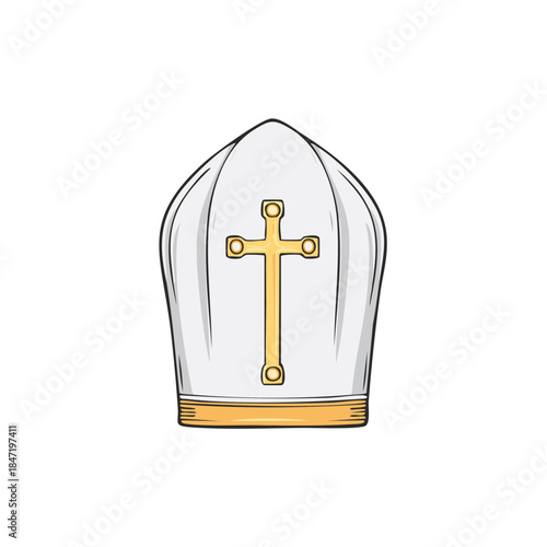 Clerical Mitre Hat with Golden Cross Symbol of Christian Religious Authority