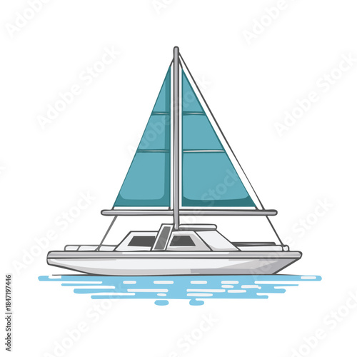 Illustration of a sailboat sailing on calm waters, showcasing its blue triangular sails and detailed hull in clean, minimalist style.