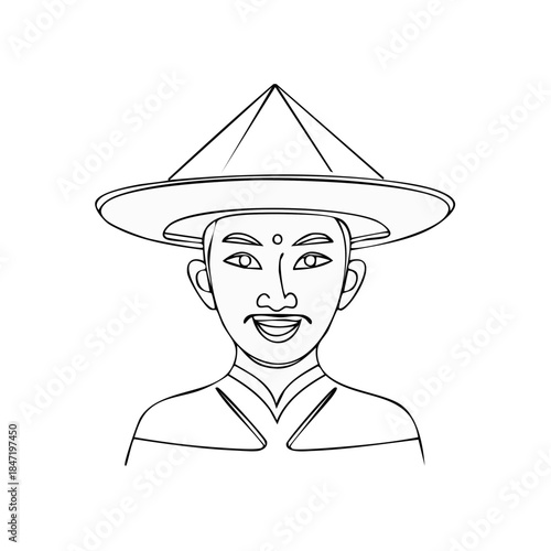 Asian man wearing traditional conical hat smiling portrait line art illustration for coloring pages, outline drawing character