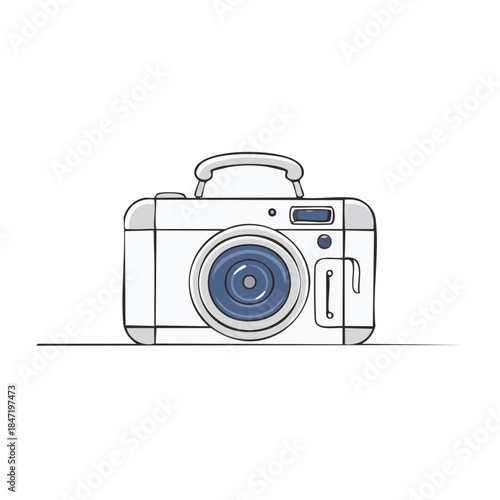 Illustration of a modern digital camera in white with a blue lens against a plain backdrop
