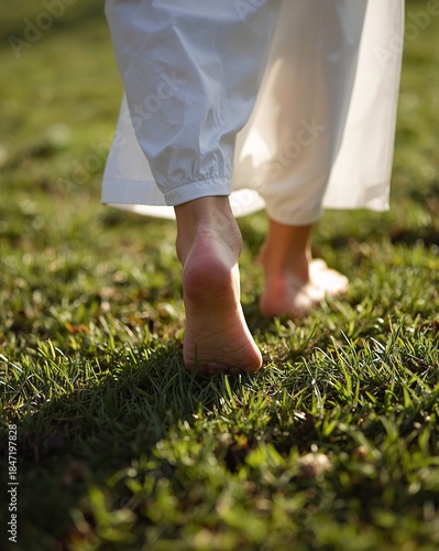 Bare feet walking on green grass under soft sunlight.