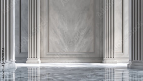 classic interior with light gray wall panels framed in symmetrical rectangular moldings