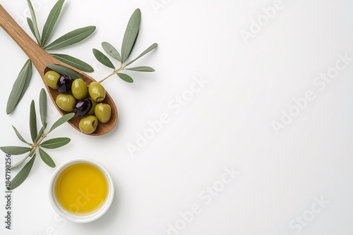 Fresh olives and olive oil arranged with leaves on a clean white background.