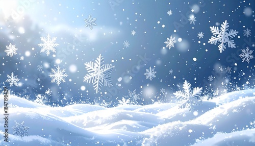 Wallpaper Mural Ilustración de un paisaje invernal con copos de nieve de distintas formas cayendo sobre colinas nevadas y un bosque de pinos bajo un cielo azul frío. Torontodigital.ca