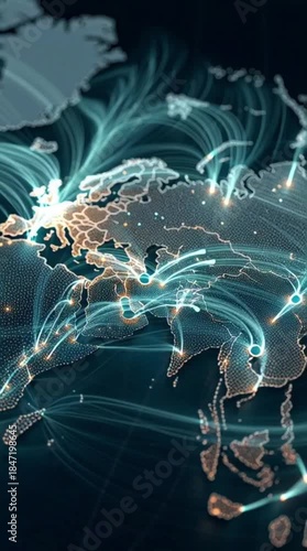 Global network of glowing lines connecting major cities on a digital world map.