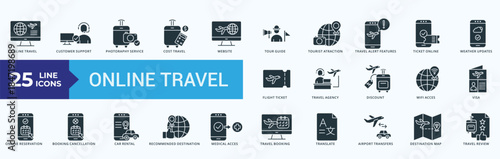 Online Travel Icon Pack Illustration Vector with online travel, customer support, photoraphy service, cost travel, website, tour guide, tourist atraction, travel alert features, ticket online, 